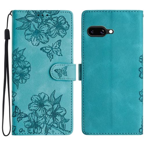 Funda de teléfono PU con relieve de piel Mariposa y flor de Cerezo para Google Pixel 9A (Verde)