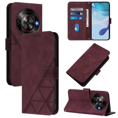 Funda de Cuero con Tapa y Relieve 3D para ZTE Blade A75 5G y Nubia Focus (Rojo Vino)