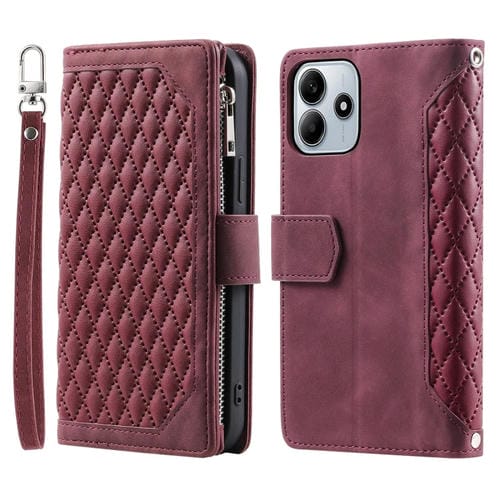 Funda de Cuero con Cremallera y Textura de Cuadrícula para Xiaomi Redmi Note 14 5G con Cordón (Rojo Vino)