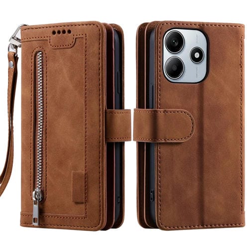 Funda de Cuero con Cremallera y Cordón para Xiaomi Redmi Note 14 5G, con Nueve Tarjetas, Color Marrón