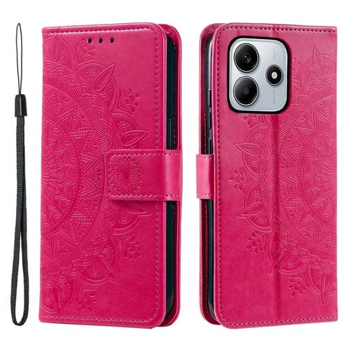 Funda de Cuero con Relieve de Flores y Tótem para Xiaomi Redmi Note 14 5G con Cordón (Rojo)