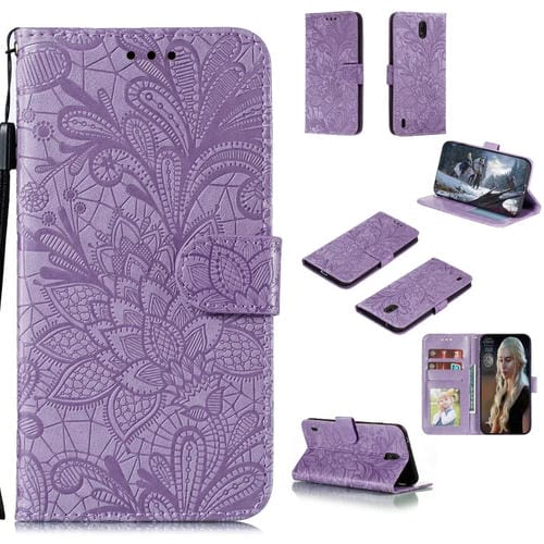 Para Nokia C1 Lace Flower Funda de cuero con tapa horizontal con soporte, ranuras para tarjetas, billetera y marco de fotos (púrpura)