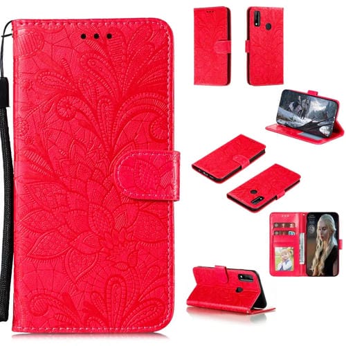 Para Huawei Honor Y8s Lace Flower Funda de cuero con tapa horizontal con soporte y ranuras para tarjetas, billetera y marco de fotos (rojo)