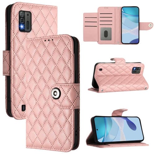 Funda de cuero con textura rómbica y cordón para ZTE Blade A52 Lite (rosa coral)