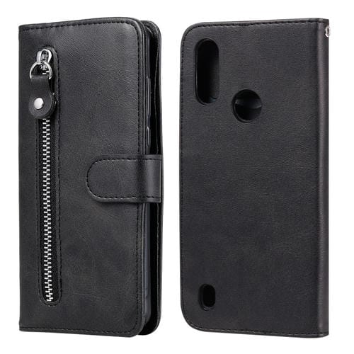 Para Motorola Moto E6s (2020) Estuche de cuero con tapa horizontal con cremallera y textura de becerro con soporte, ranuras para tarjetas y función de billetera (negro)