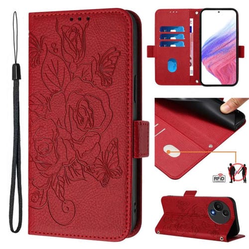 Funda de cuero antirrobo RFID con relieve rosa para TCL 605/60 SE (roja)