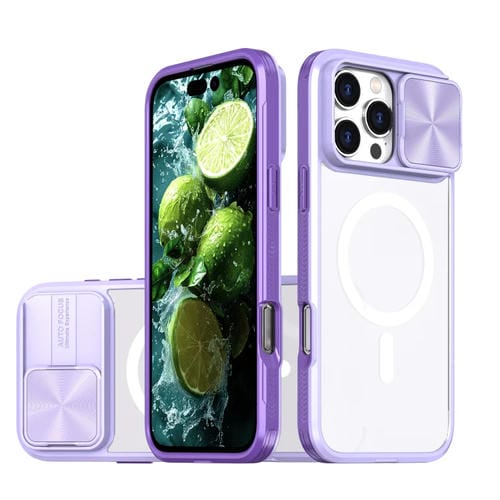 Funda para iPhone 16 Pro con Cubierta Deslizante Acrílico Transparente PC TPU Lente Magsafe Cobertura Total (Morado)