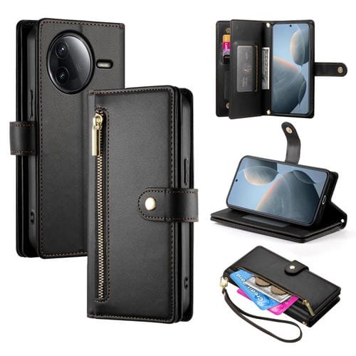 Funda de cuero con cremallera y ranuras para tarjetas para Redmi K80/K80 Pro (negra)