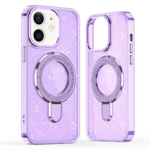 Funda para Teléfono Apple iPhone 12/12 Pro con Soporte de Anillo y Purpurina Magsafe (Morado)