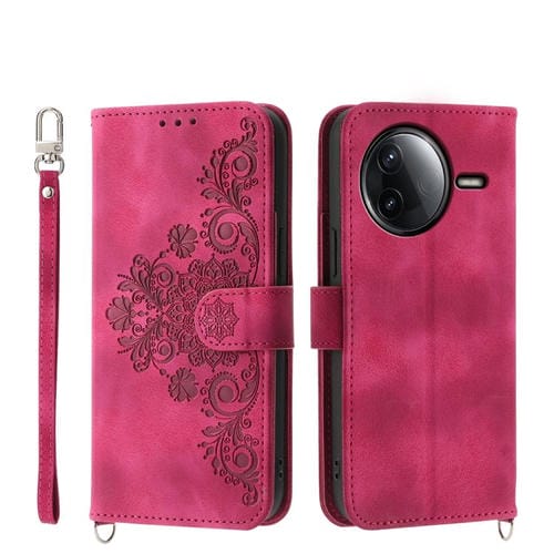 Funda de cuero con relieve floral para Redmi K80/K80 Pro (rojo vino)