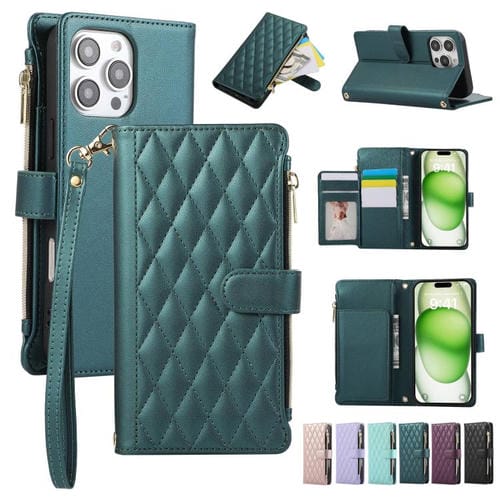 Funda de Cuero Tipo Billetera Rombal para iPhone 16 Pro (Verde)