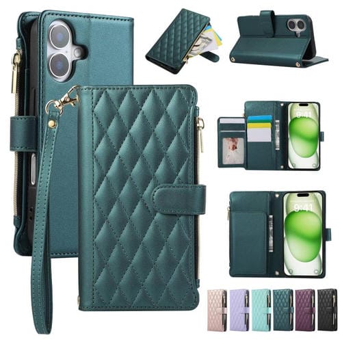 Funda Tipo Billetera Cuero con Cremallera Diseño Rombal para iPhone 16 Plus (Verde)