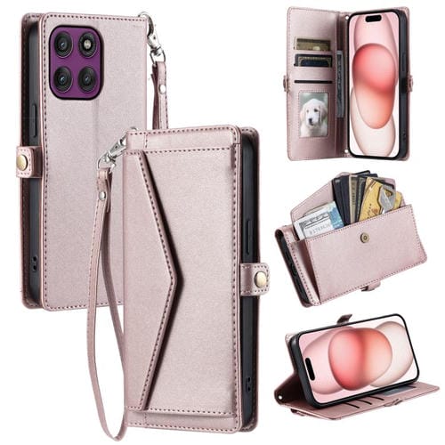 Funda de cuero con ranura para múltiples tarjetas y cordón para Motorola Edge 60 Pro (oro rosa)
