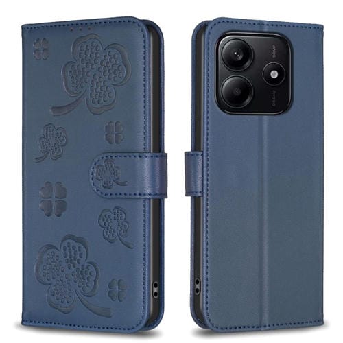 Funda de Cuero con Relieve de Cuatro Hojas para Redmi Note 14 4G (Azul)