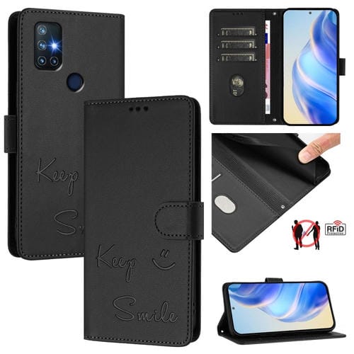 Funda de Cuero Rfid con Relieve Sonriente para OnePlus Nord N10 5G (Negra)