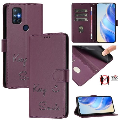 Funda de Cuero Rfid con Relieve Sonriente para OnePlus Nord N10 5G (Violeta)