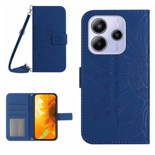 Funda de Piel con Tapa y Cordón para Redmi Note 14 4G (163,25mm), Diseño de Girasol En Relieve (Azul Oscuro)