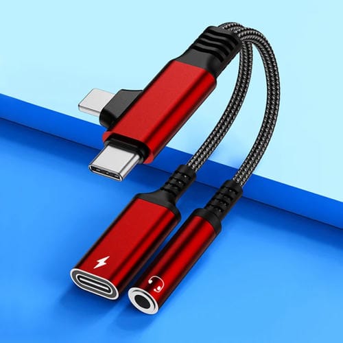 Cable Adaptador de Audio 4 en 1 USB-C Tipo-C 8 Pines a 3,5 mm 70 mm (Rojo)