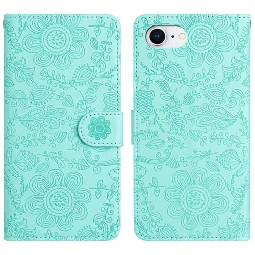 Funda de Cuero con Estampado Floral en Relieve para iPhone 16E (Verde Claro)
