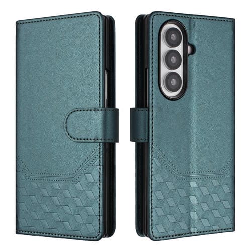 Funda de cuero con relieve de panal RFID para Samsung Galaxy Z Fold7 5G (verde pavo real)