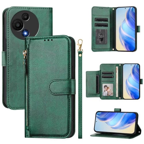 Funda de cuero con cremallera y ranuras para múltiples tarjetas para TCL 605 / TCL 60 SE (verde)