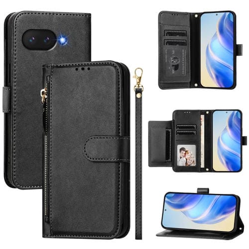 Funda de Cuero con Cremallera y Ranuras para Tarjetas para Google Pixel 9A (Negra)