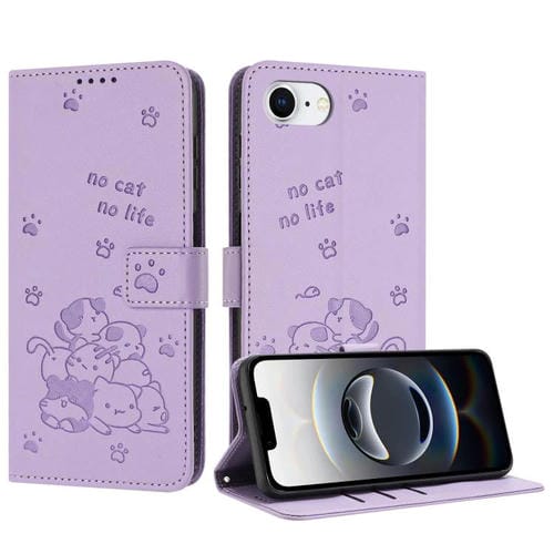 Funda de Piel iPhone 16E Forma de Gatito En Relieve con Cordón (Morado)