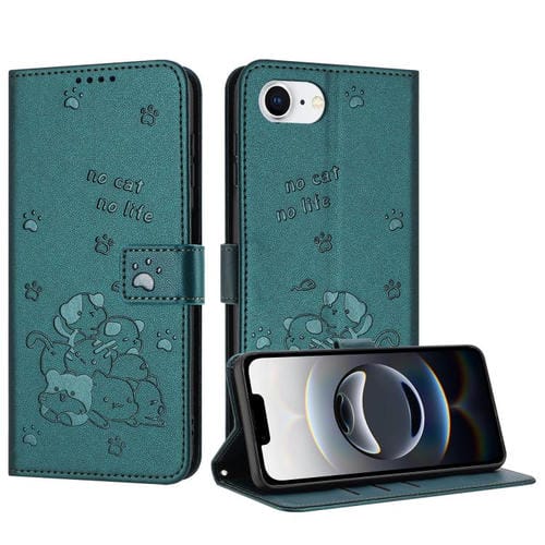 Funda de Piel para iPhone 16E Diseño de Gatito En Relieve con Cordón (Verde Oscuro)