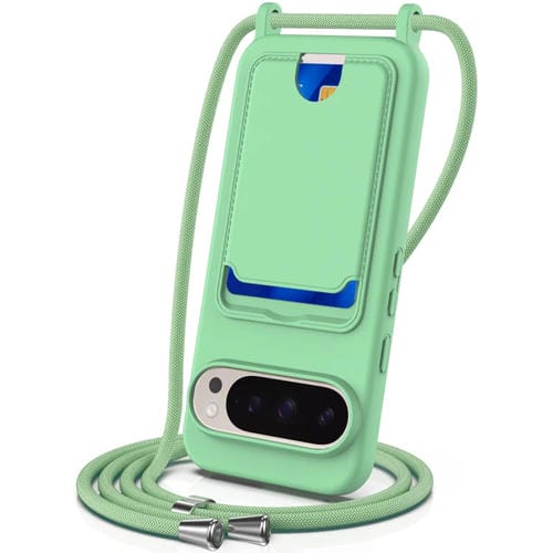 Funda para Teléfono Google Pixel 9 Pro de Silicona Líquida con Cordón y Bolsa para Tarjetas (Verde)