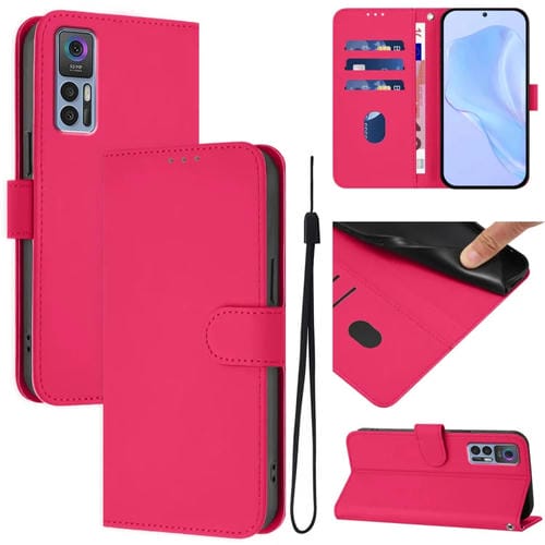 Funda de Cuero con Cordón para Teléfono TCL 30 4G 30 5G 30+ Tacto de Piel (Rosa Rojo)