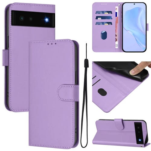 Funda de Cuero con Cordón para Google Pixel 6 (Morado Lavanda) Sensación de Piel