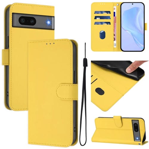 Funda de Piel con Cordón para Google Pixel 7 (Amarillo Limón) Diseño Liso y Tacto Agradable