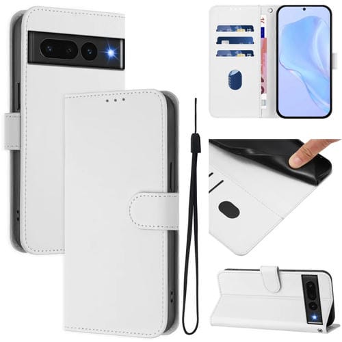 Funda de Cuero con Cordón para Google Pixel 7 Pro (Blanco) Diseño de Piel Liso