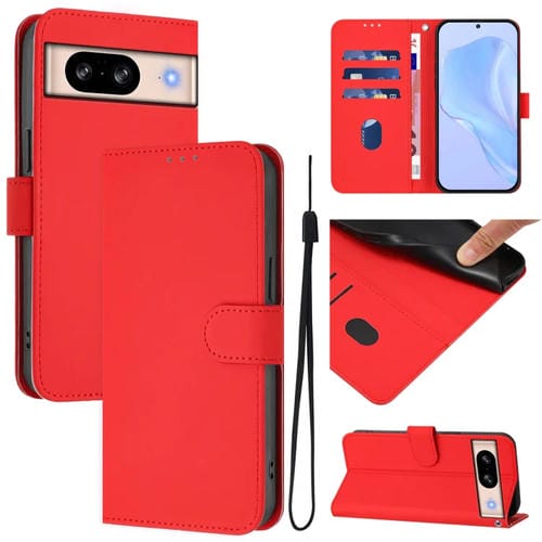 Funda de Cuero con Cordón para Google Pixel 8 (Rojo) Diseño de Piel Liso