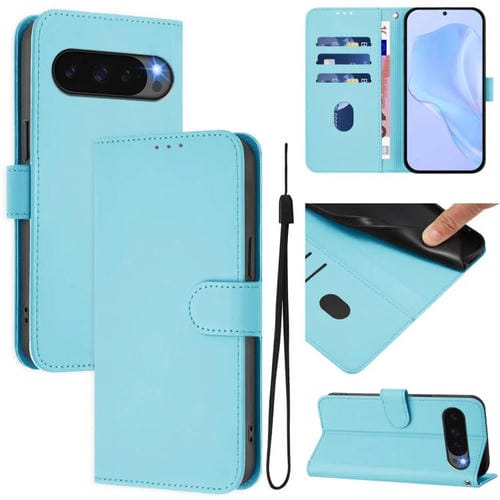Funda de Cuero con Cordón para Google Pixel 10 Diseño de Piel Lisa (Azul Cielo)