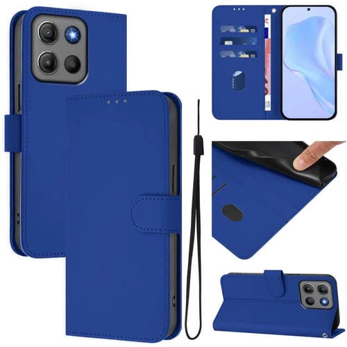 Funda de cuero con textura de piel y cordón para Motorola Moto G15 Power (azul oscuro)