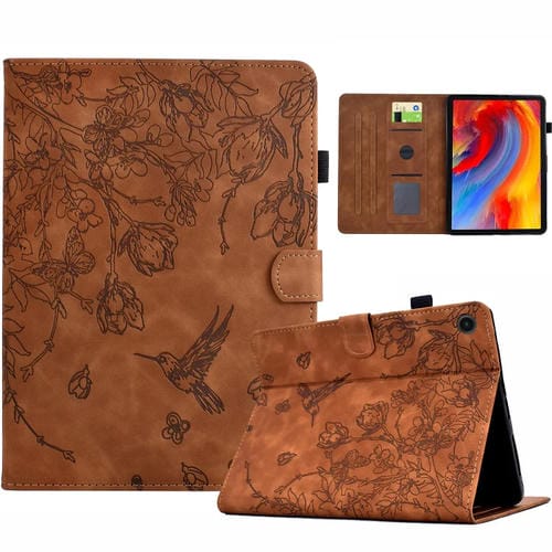 Funda de Piel para Tablet Samsung Galaxy Tab A9 con Estampado de Flores y Pájaros (Marrón)