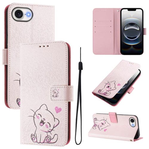 Funda de Cuero para iPhone 16E Diseño de Dibujo Artístico (Lindo Gato)