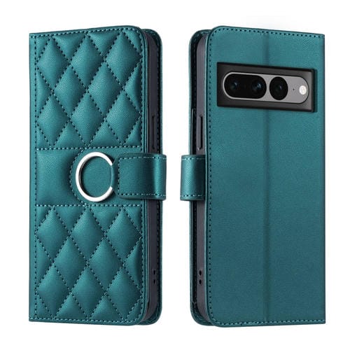 Funda de Cuero para Google Pixel 7 Pro con Forma de Rombo y Hebilla de Anillo (Verde)