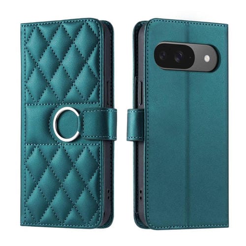 Funda de Cuero con Diseño Rómbico y Hebilla de Anillo para Google Pixel 9/9 Pro (Verde)