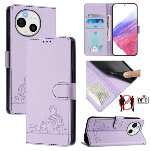 Funda de Cuero Rfid para Sharp Aquos Sense9 con Estampado de Rata y Gato en Relieve y Cordón (Morado)