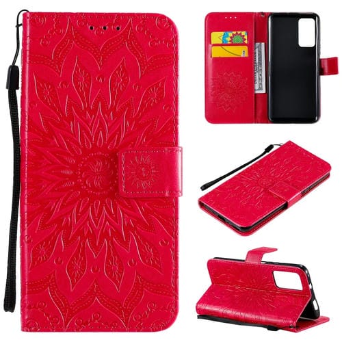 Para Huawei Honor X10 Impresión prensada Patrón de girasol Flip horizontal Funda de cuero PU Soporte y ranuras para tarjetas y billetera y cordón (rojo)