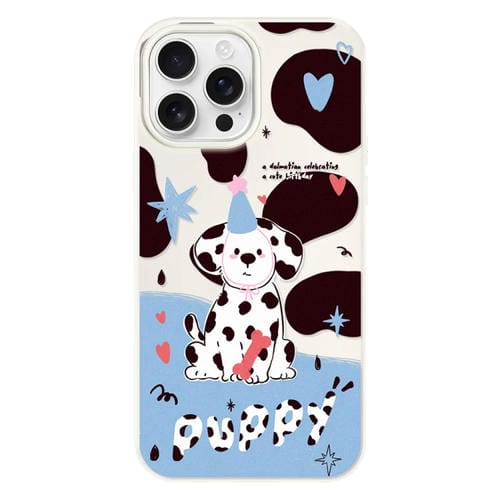 Funda híbrida TPU y Policarbonato iPhone 16 Pro Tacto Sedoso (Cachorro con Manchas Blancas)