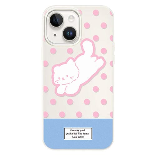 Funda híbrida TPU y Policarbonato iPhone 14 con Tacto de Piel (Gatito de Lunares en Blanco)