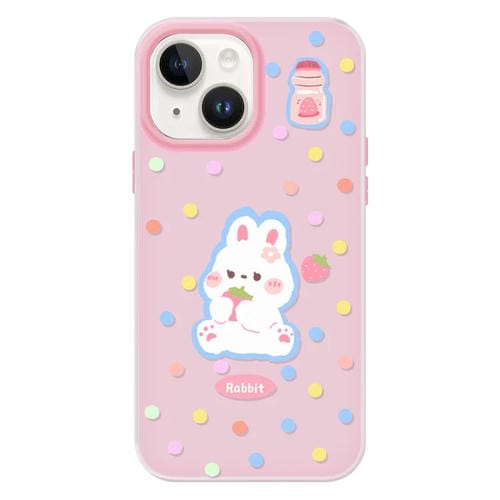 Funda híbrida TPU Policarbonato iPhone 14 Tacto Sedoso (Rosa Conejo con Lunares)