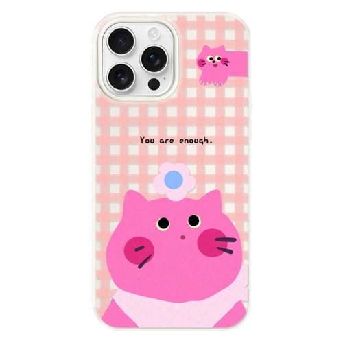 Funda híbrida TPU y PC iPhone 15 Pro con Tacto Sedoso (Gato Rosa y Blanco)