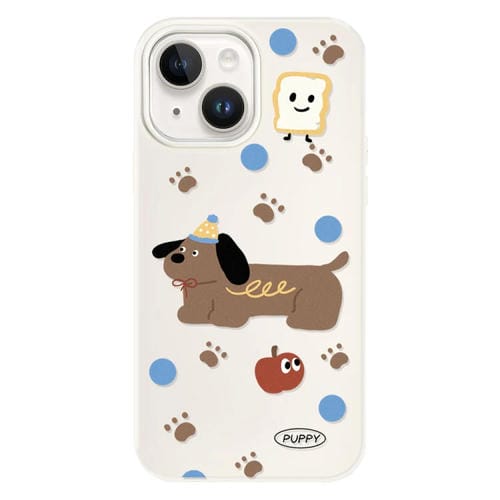 Funda híbrida TPU y PC con tacto de piel para iPhone 14 (Cachorro Marrón y Blanco)