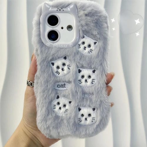 Funda de Silicona para iPhone 16 Plus con Bordado de Gato (Gris)