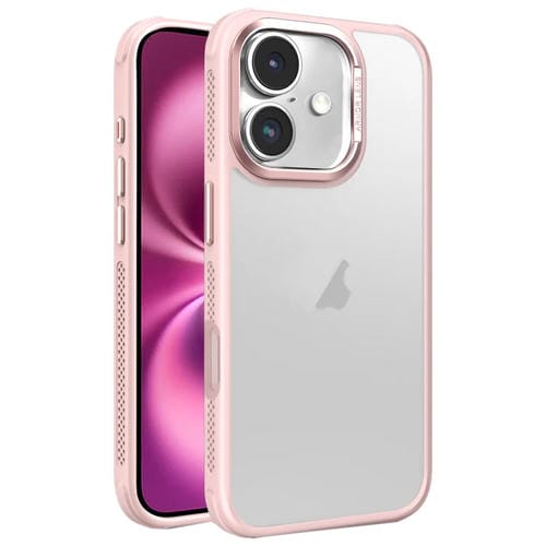 Estuche para teléfono iPhone 16 Plus marco Lente metal esmerilado piel enfriamiento lateral (Rosa)
