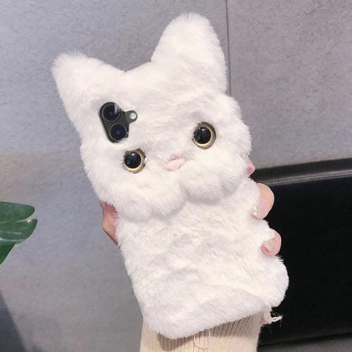 Funda para Teléfono iPhone 16 Plus Cobertura Total Gato Peluche 3D (Blanca)